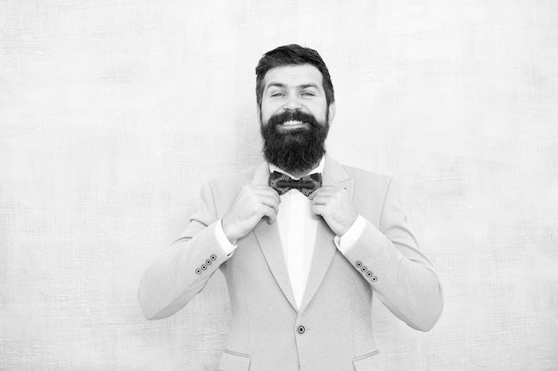 My big day Well groomed guy in wedding tuxedo Man bearded hipster formal suit with bow tie Wedding fashion Formal style perfect outfit Impeccable groom Tips for dealing pre wedding anxiety