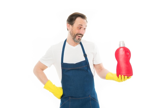 My favorite product for cleaning Cleaning service and household duty Man in rubber gloves hold plastic bottle liquid soap chemical cleaning agent Bearded guy cleaning home Cleanup concept