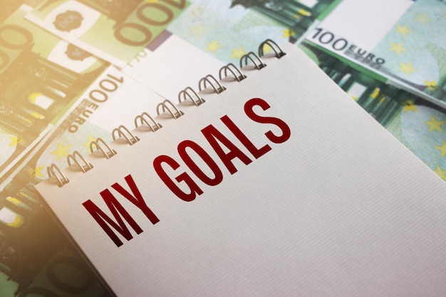 My Goals words on page of copybook put on 100 Euro banknotes Selective focus Goal setting business startup concept