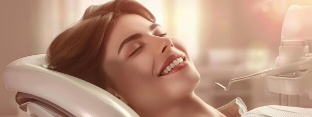 私の笑顔は完璧です 歯科医の椅子に座っている幸せな患者の肖像画 クリエイティブ・バナー コピースペース画像