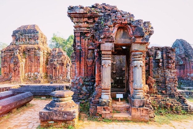 My Son Hindu Temple and  Sanctuary near Hoi An in Vietnam in Asia. Heritage of Champa Kingdom. Myson History and Culture. Shiva city ruins. Vietnamese Museum. Hinduism Civilization on Holy Land.