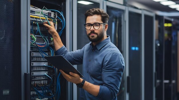 Photo my working day inspired professional operator working with server equipment in the office