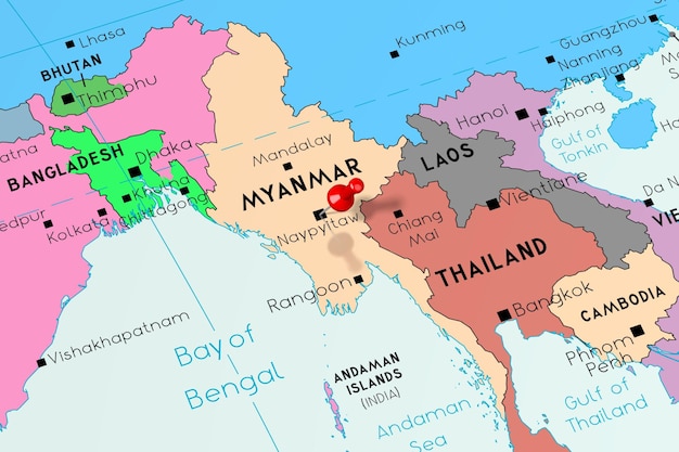 政治地図に固定されたミャンマー ビルマ ネピドーの首都