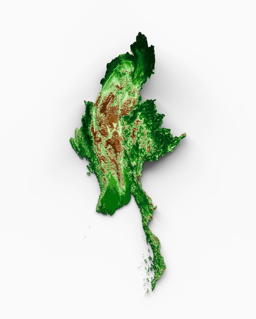 미얀마 버마 지형도 3d 현실적인지도 색상 3d 그림