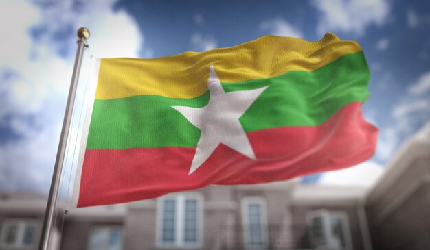 Myanmar Flag 3D-rendering op de achtergrond van de blauwe hemel