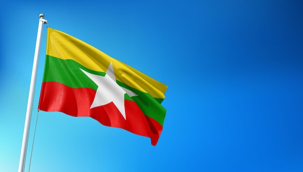 Myanmar Flag Flying on Blue Sky Background 3D Render