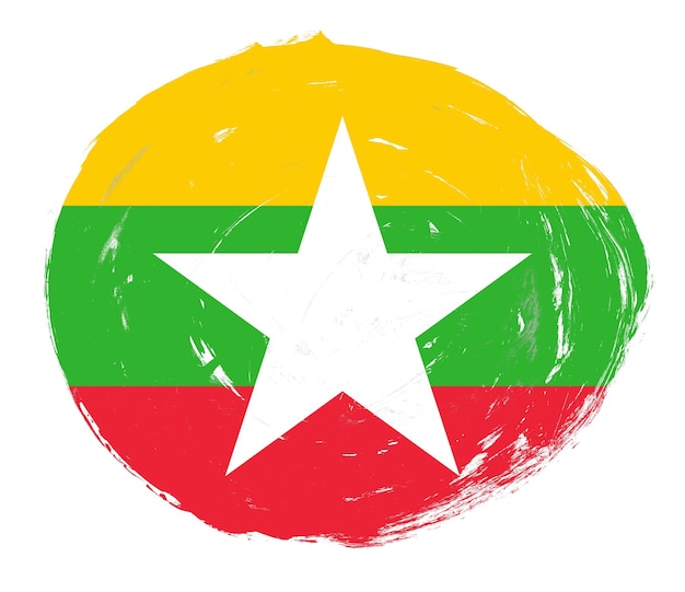 Myanmar flag painted on a distressed white stroke brush background