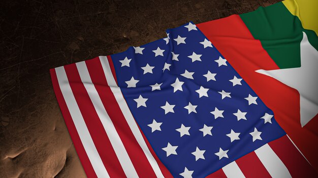 The myanmar flag and united stage of america flag 3d\
rendering