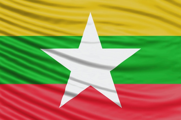 Волна флага Мьянмы крупным планом, фон национального флага