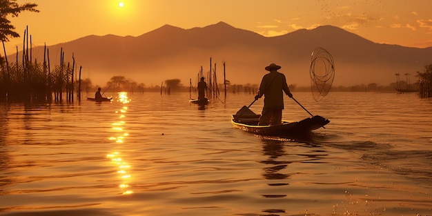 Myanmar Inle people fishing at sunset