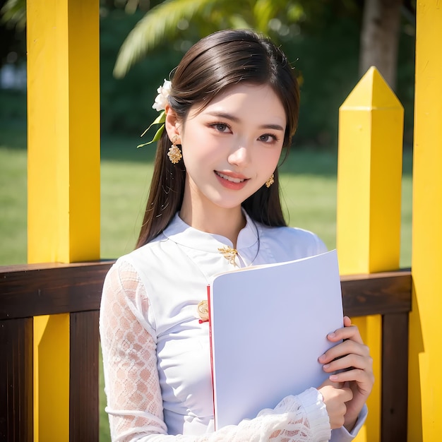 myanmar lady school girl with myanmar school uniform generative ai