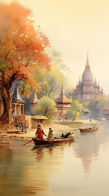 Myanmar Landscape water color illustration