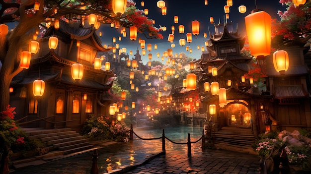 A myriad of paper lanterns their warm glows piercing through the twilight