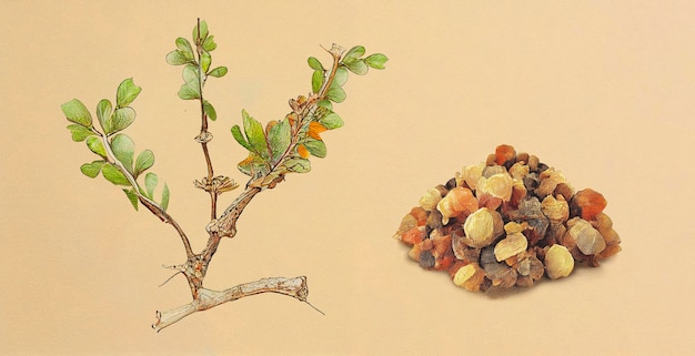 Photo myrrh (commiphora myrrha). botanical illustration on white paper. the best medicinal plants