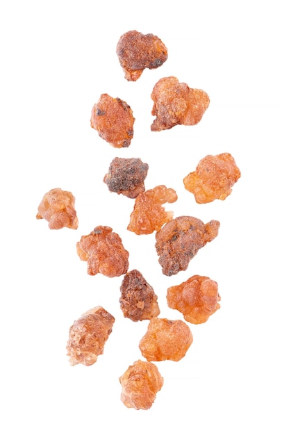 Myrrh resin isolated on white background Pile of natural Commiphora myrrha Sweet Myrrh Opoponax Incense Top view