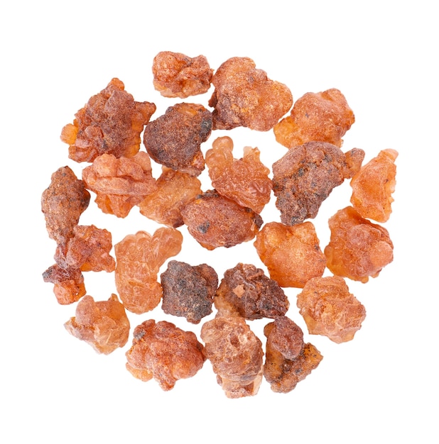 Myrrh resin isolated on white background Pile of natural Commiphora myrrha Sweet Myrrh Opoponax Incense Top view