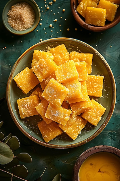 Mysore Pak Dish Poster с Ghee и Gram Flour Золотая и S Иллюстрация Еда Питье Индийские ароматы