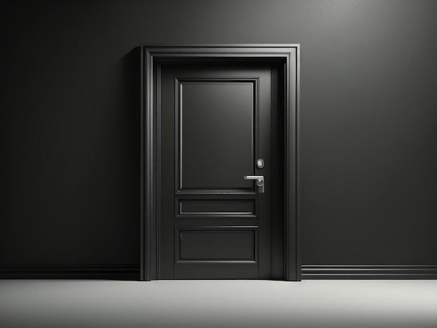Mysterie onthuld gesloten zwarte deur op minimalistische zwarte achtergrond