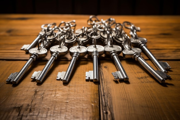 Mysteries Unlocked A Medley of Silver Keys on a Rustic Wooden Table