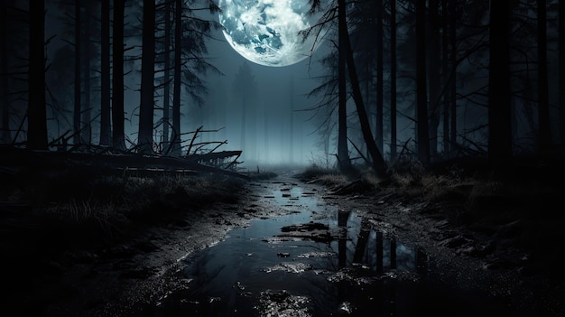 Foto mysterieus bos met een maanverlichte padmist en een hint op de achtergrond van halloween