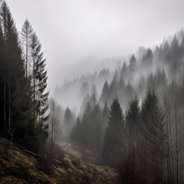 mysterieus bos met mist in dramatische kleuren