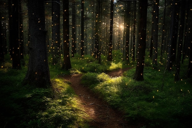 Mysterieus bos's nachts met gouden sterren en lichtstralen.