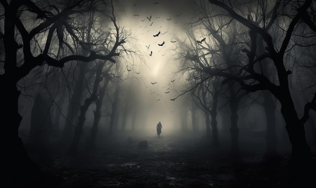 Mysterieus donker bos met mist en silhouet van een man.