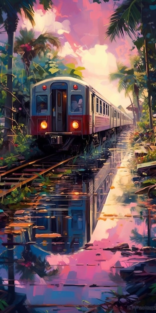 Mysterieus Jungle-stijl schilderij van trein op riviersporen