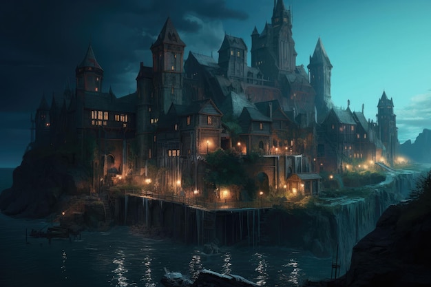 Mysterieus kasteel op regenachtige nacht Een imposant middeleeuws kasteel in fantasielandschappen Generatieve AI