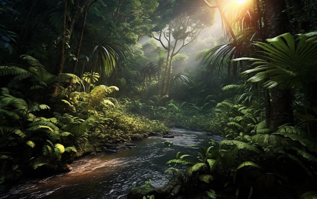 Mysterieus tropisch regenwoud gloeit met weelderig groen