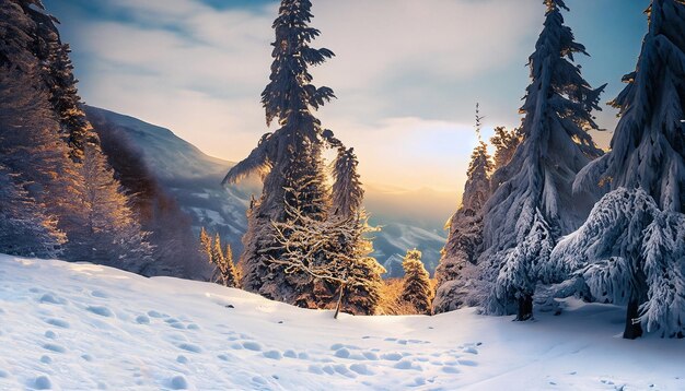 Foto mysterieus winterlandschap majestueuze bergen in de winter ai gegenereerd