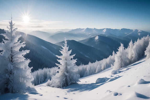 Mysterieus winterlandschap majestueuze bergen in de winter magische winter sneeuwbedekte boom Karpaten Oekraïne