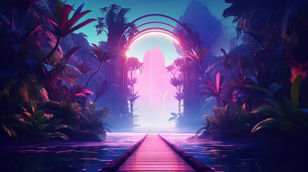 Mysterieuze deur in de jungle Neon gekleurde scène met magisch portaal in het bos Magische poort