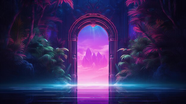 Mysterieuze deur of portaal met neonlicht in de jungle in synthwave stijl