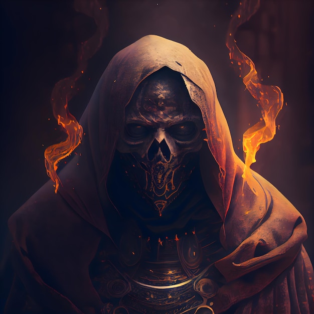 Mysterieuze donkere gotische man met brandende schedel in het donker
