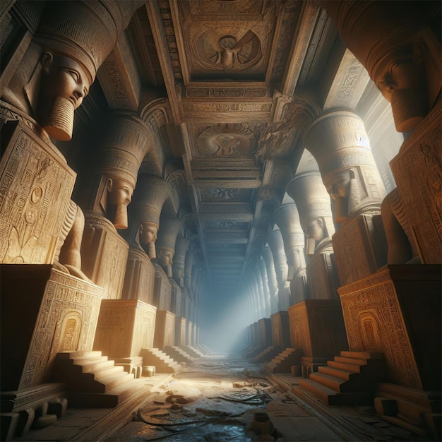 Mysterieuze gang in een piramide in het oude Egypte verlicht door aangestoken fakkels