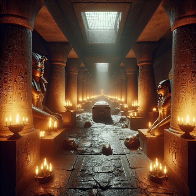 Mysterieuze gang in een piramide in het oude Egypte verlicht door aangestoken fakkels