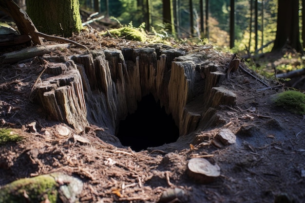 Foto mysterieuze holle boomstomp in het bos.