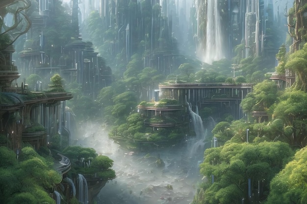 Foto mysterieuze jungle met watervallen en ronde gebouwen