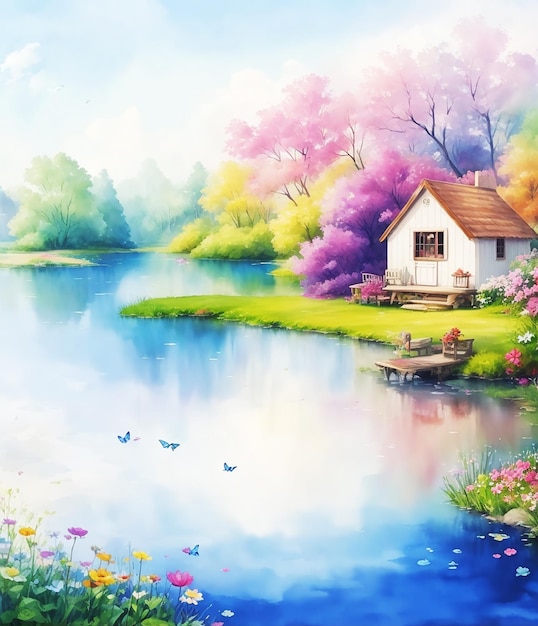 mysterieuze lake side cottage vlinder bloemen pluizige wolk schilderij op papier HD aquarel afbeelding