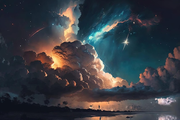 Mysterieuze lucht Donkere wolken sterrenhemel mysterieuze atmosfeer onbekende werelden universum hoge resolutie heldere verzadigde kleuren verbeelding creativiteit Natuur concept AI