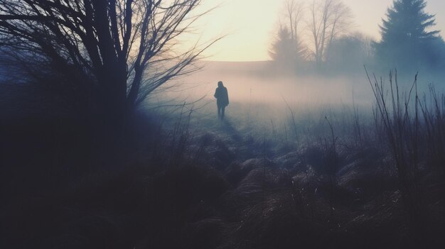 Foto mysterieuze man in de mist een luminist landschap avontuur