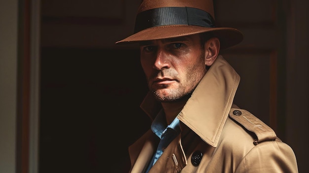 Foto mysterieuze man in fedora en trench coat die een schaduw werpt in moody lighting