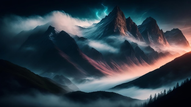 Mysterieuze mist die de bergtoppen omringt in het midden van de dag Een beeld van mysterie en mysterie in de natuur Creatieve AI gegenereerd