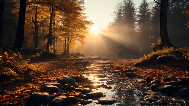 Foto mysterieuze mist natuur schoonheid in de herfst bos