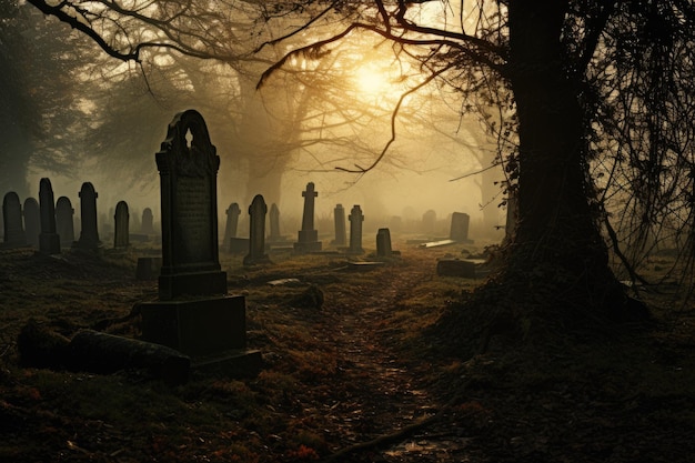 Mysterieuze mistige begraafplaats met mistige schemeringsfeer en grafstenen in de verte