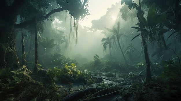 Mysterieuze mistige bossen Panoramische jungle oase Donker natuurlijk landschap Generatieve Ai