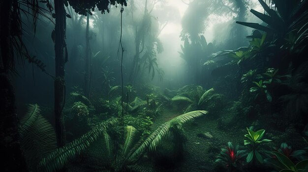 Mysterieuze mistige bossen Panoramische jungle oase Donker natuurlijk landschap Generatieve Ai