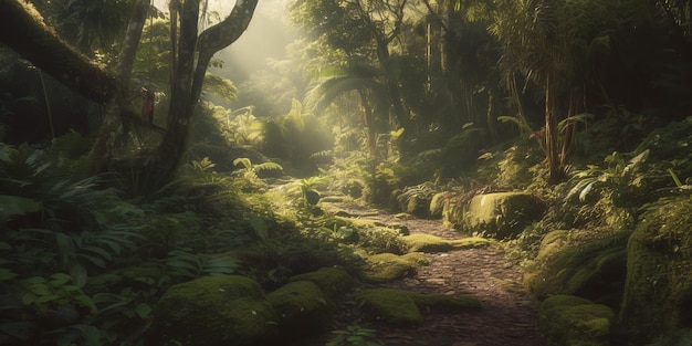Mysterieuze ondoordringbare jungle begroeid met exotische planten Achtergrond Een prachtig pad door de ondoordringbare jungle Tropisch paradijs Generatieve AI