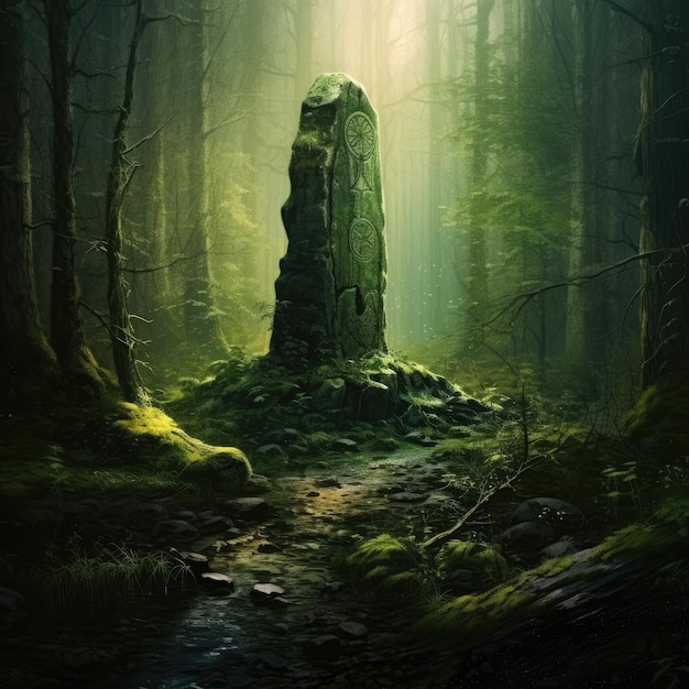 Mysterieuze open plek in het bos met een eeuwenoude staande steen